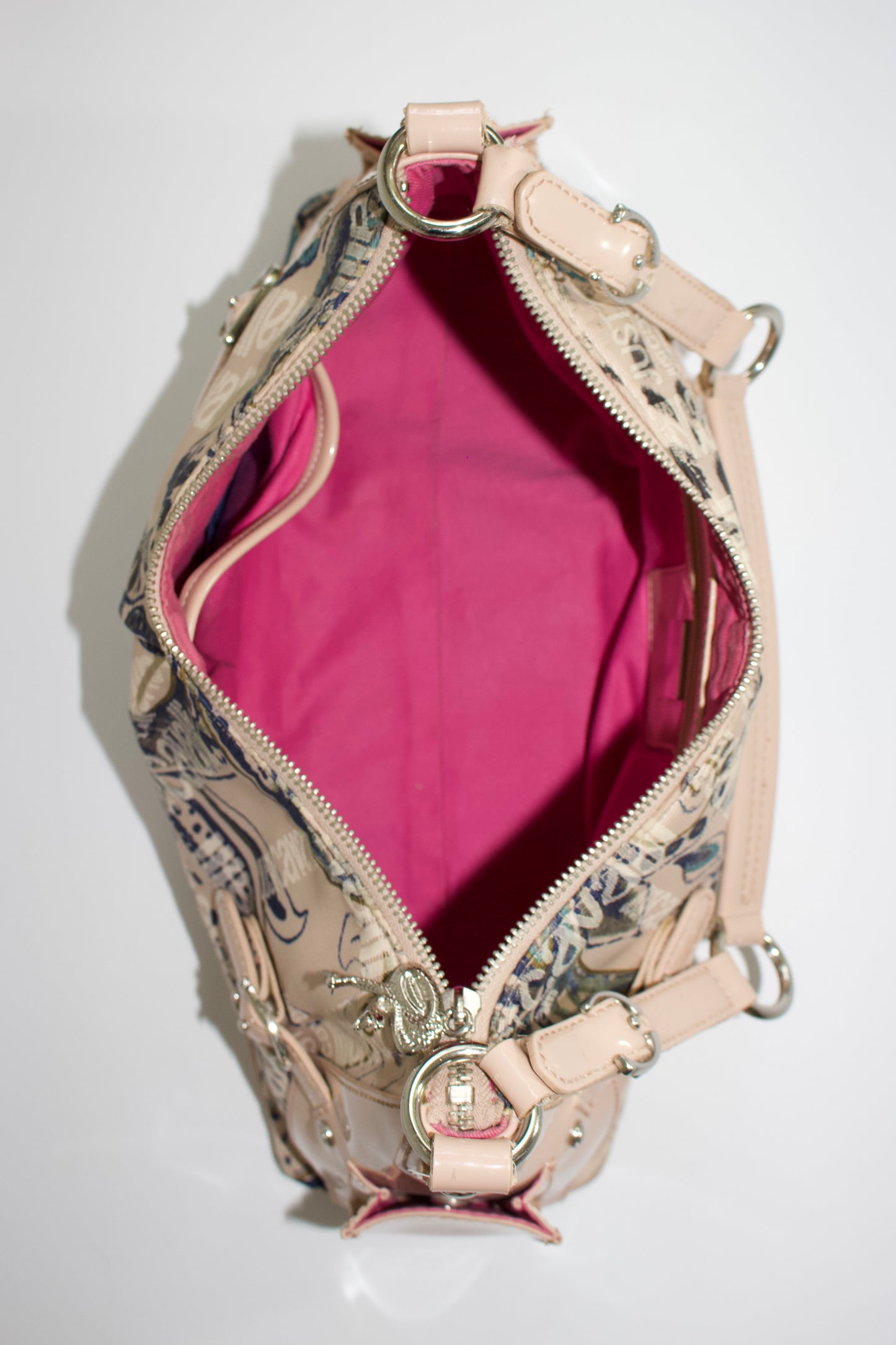 Roberto Cavalli 2000s light pink canvas & patent leather floral shoulder bag