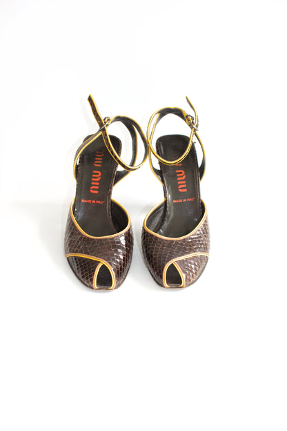 Miu Miu FW 1999 brown python open-toe heels