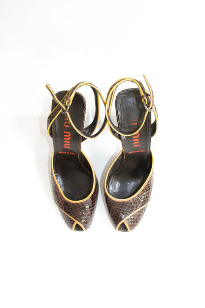 Miu Miu FW 1999 brown python open-toe heels