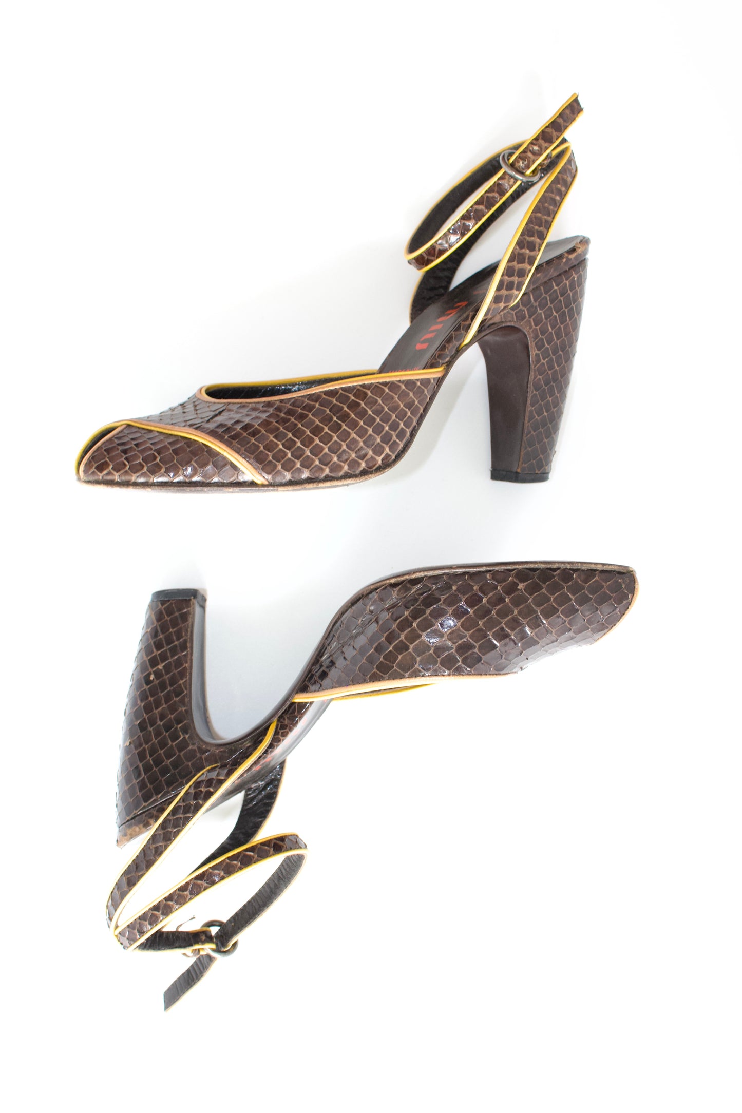 Miu Miu FW 1999 brown python open-toe heels
