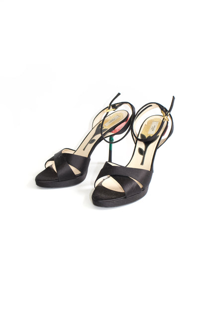 Prada SS 2008 black satin open-toe heels with rose heel