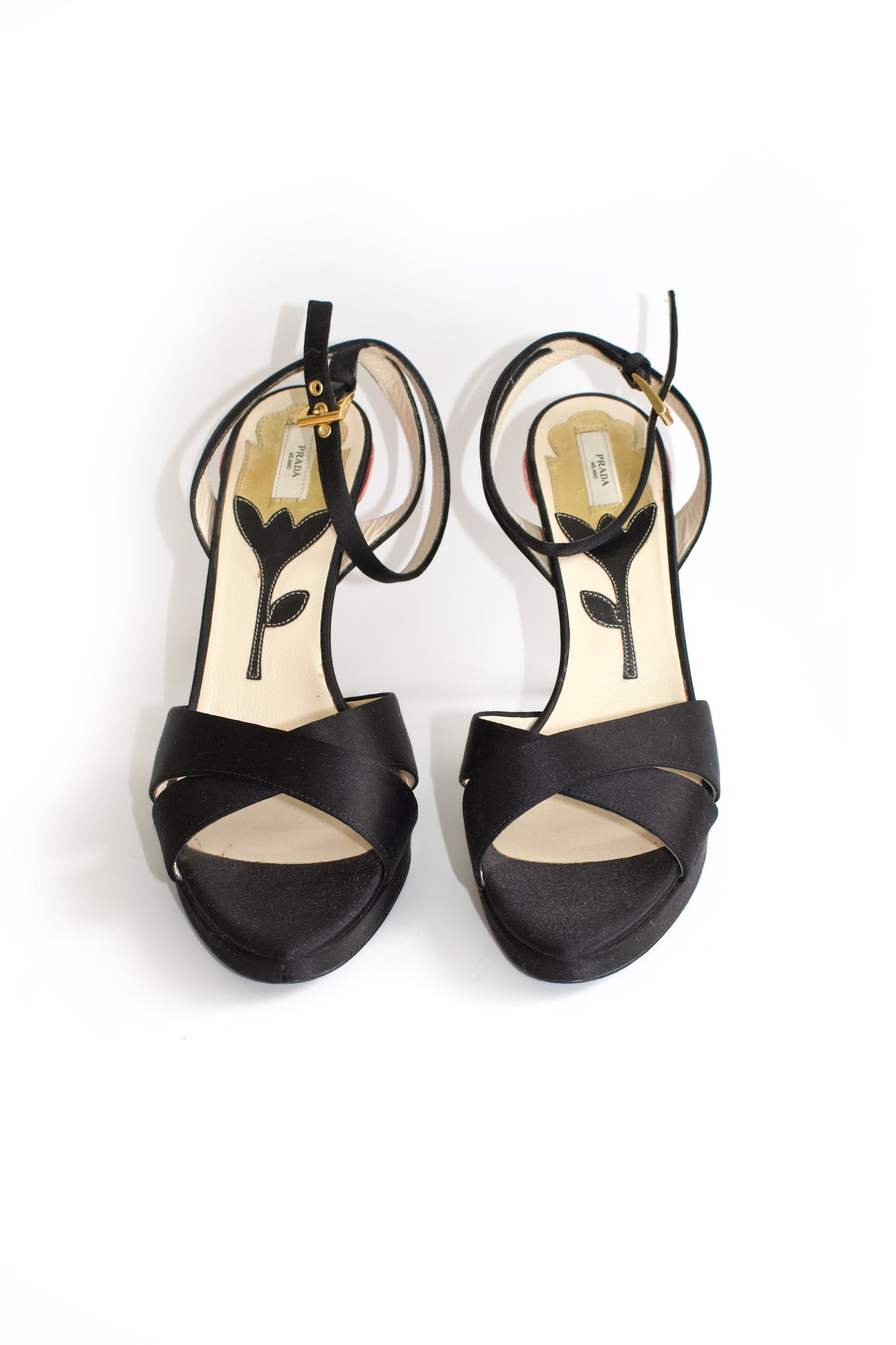 Prada SS 2008 black satin open-toe heels with rose heel