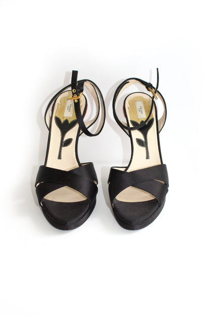 Prada SS 2008 black satin open-toe heels with rose heel