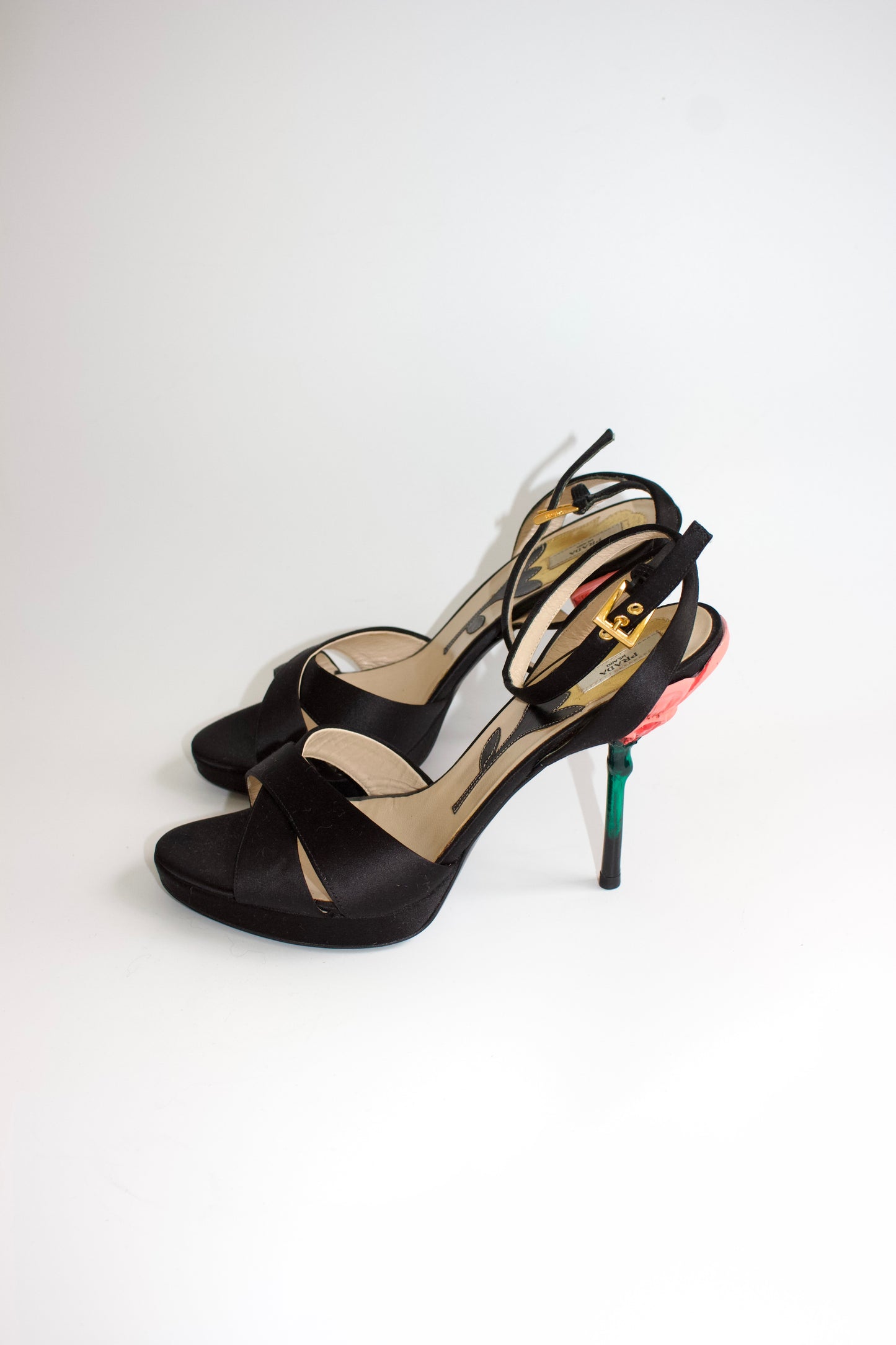 Prada SS 2008 black satin open-toe heels with rose heel