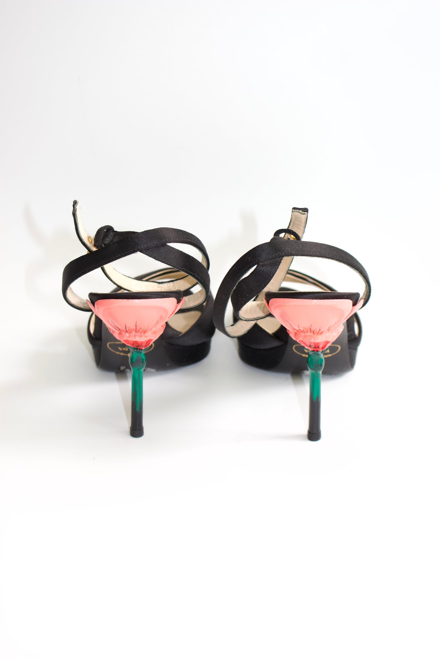 Prada SS 2008 black satin open-toe heels with rose heel