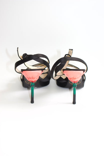 Prada SS 2008 black satin open-toe heels with rose heel