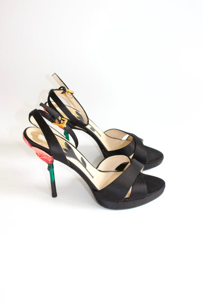 Prada SS 2008 black satin open-toe heels with rose heel