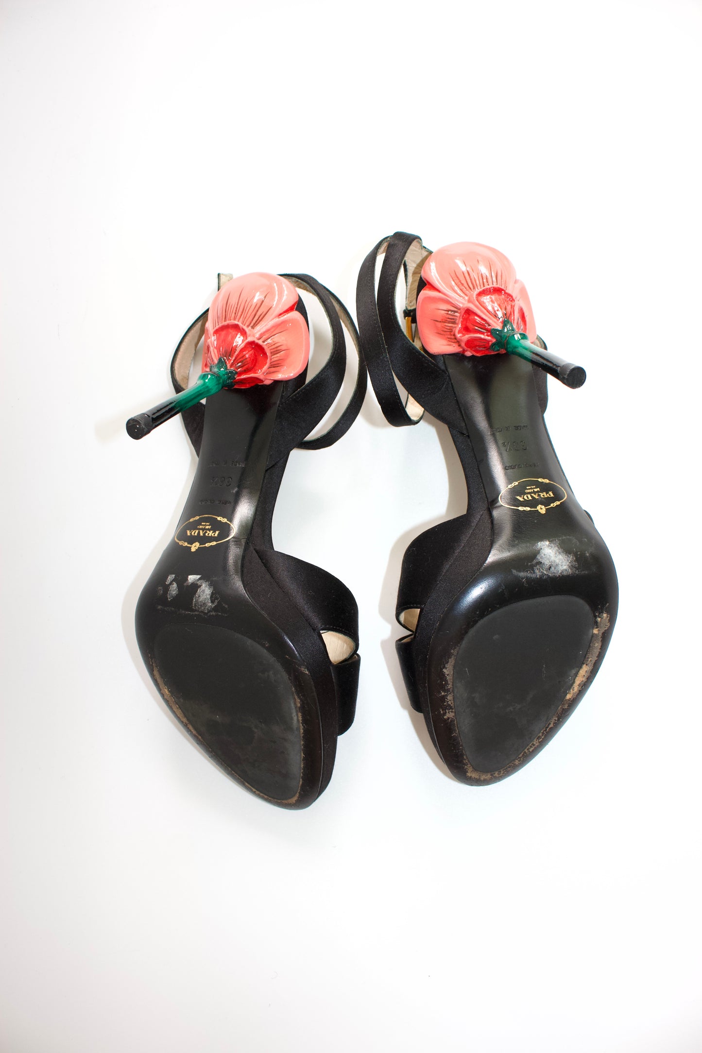 Prada SS 2008 black satin open-toe heels with rose heel