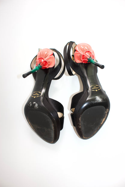 Prada SS 2008 black satin open-toe heels with rose heel
