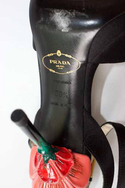 Prada SS 2008 black satin open-toe heels with rose heel