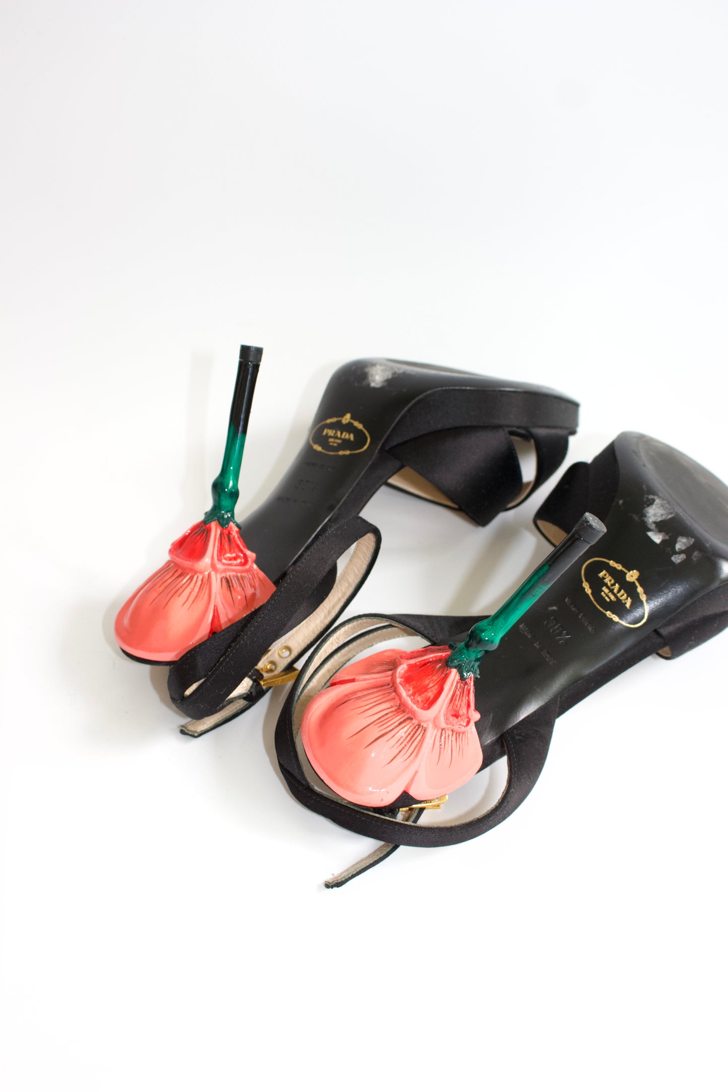 Prada SS 2008 black satin open-toe heels with rose heel