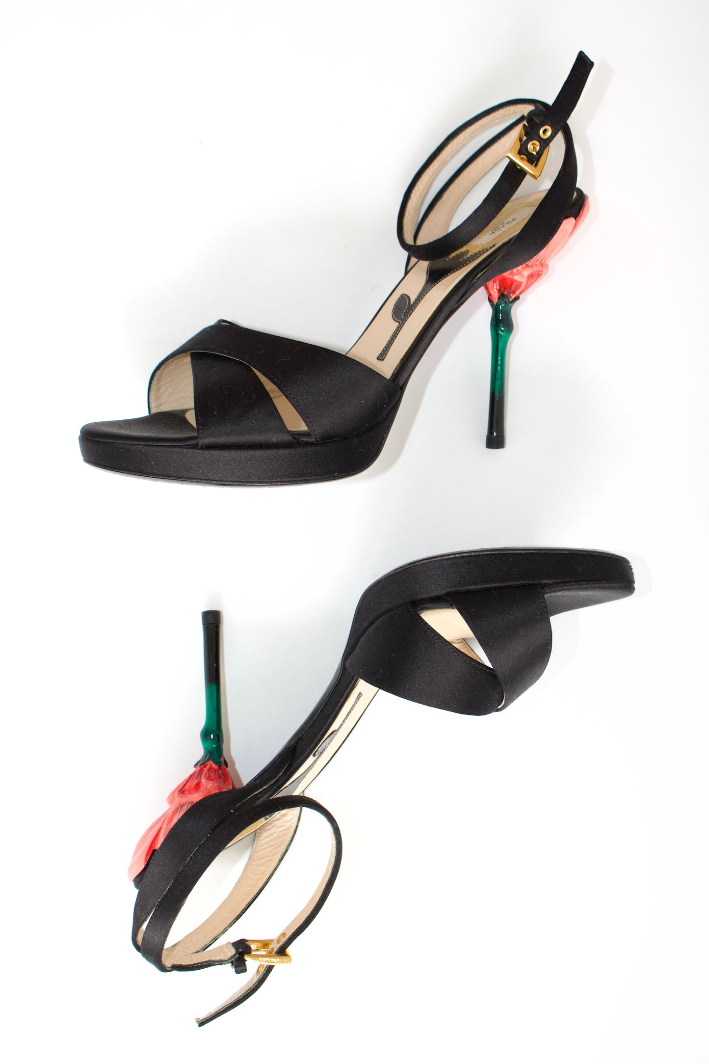 Prada SS 2008 black satin open-toe heels with rose heel