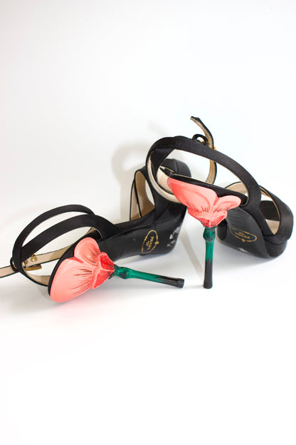 Prada SS 2008 black satin open-toe heels with rose heel