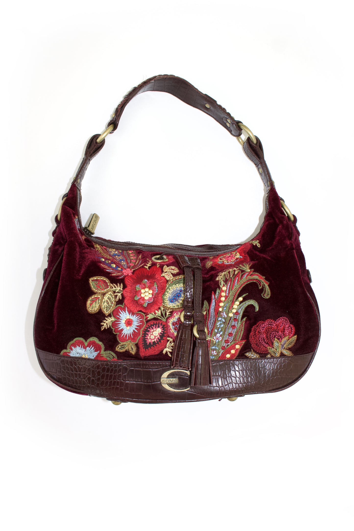 Roberto Cavalli 2000s red velvet shoulder bag with floral embroidery