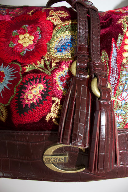 Roberto Cavalli 2000s red velvet shoulder bag with floral embroidery