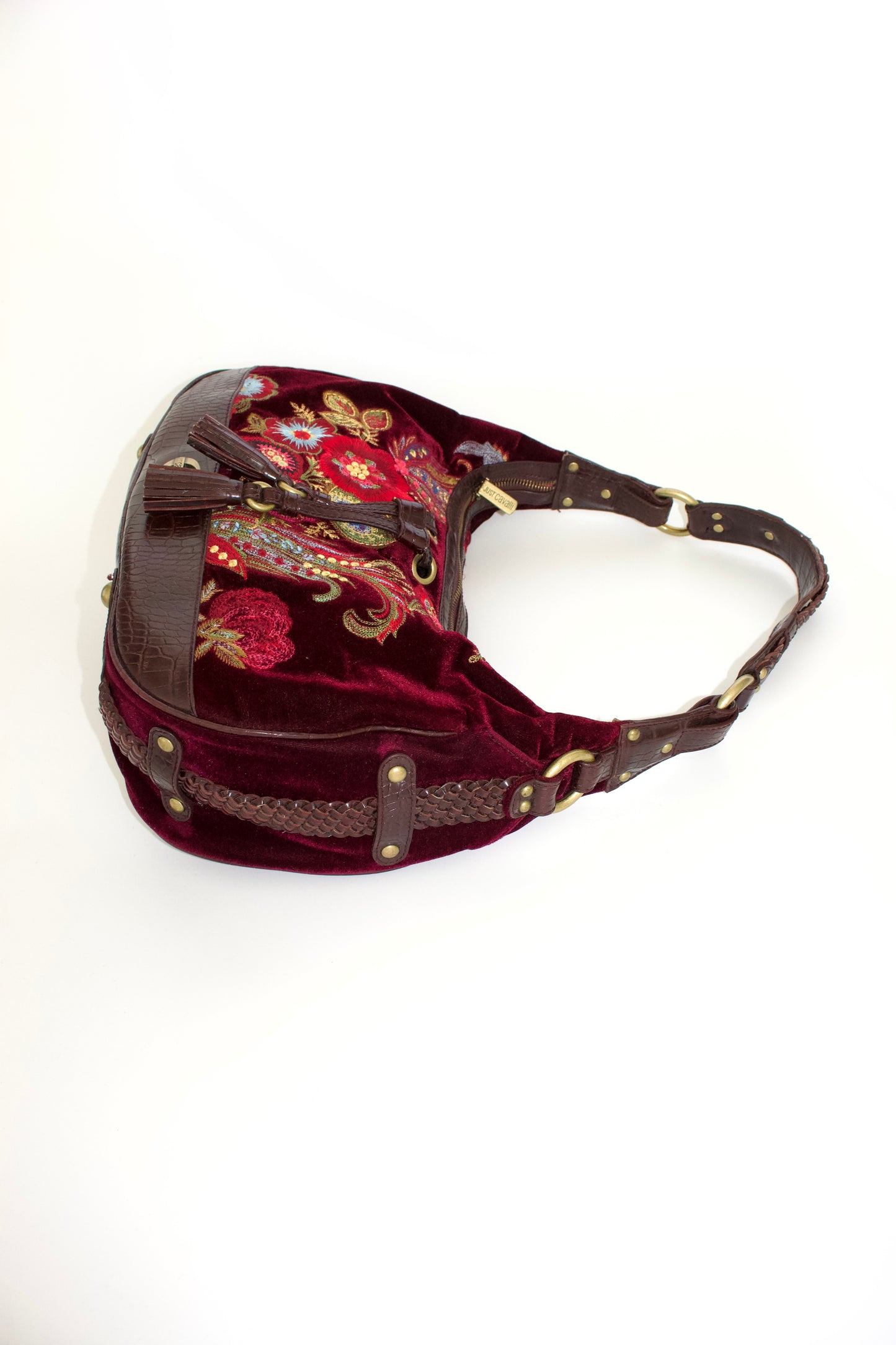 Roberto Cavalli 2000s red velvet shoulder bag with floral embroidery