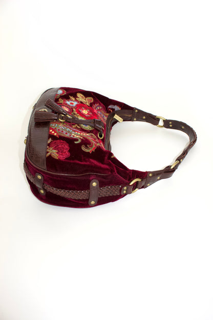 Roberto Cavalli 2000s red velvet shoulder bag with floral embroidery