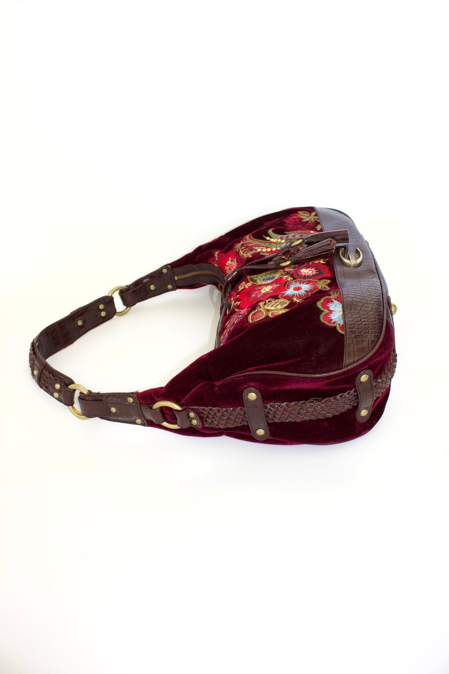Roberto Cavalli 2000s red velvet shoulder bag with floral embroidery