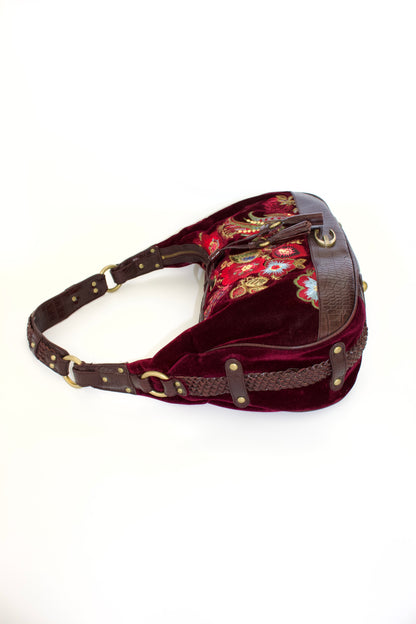 Roberto Cavalli 2000s red velvet shoulder bag with floral embroidery
