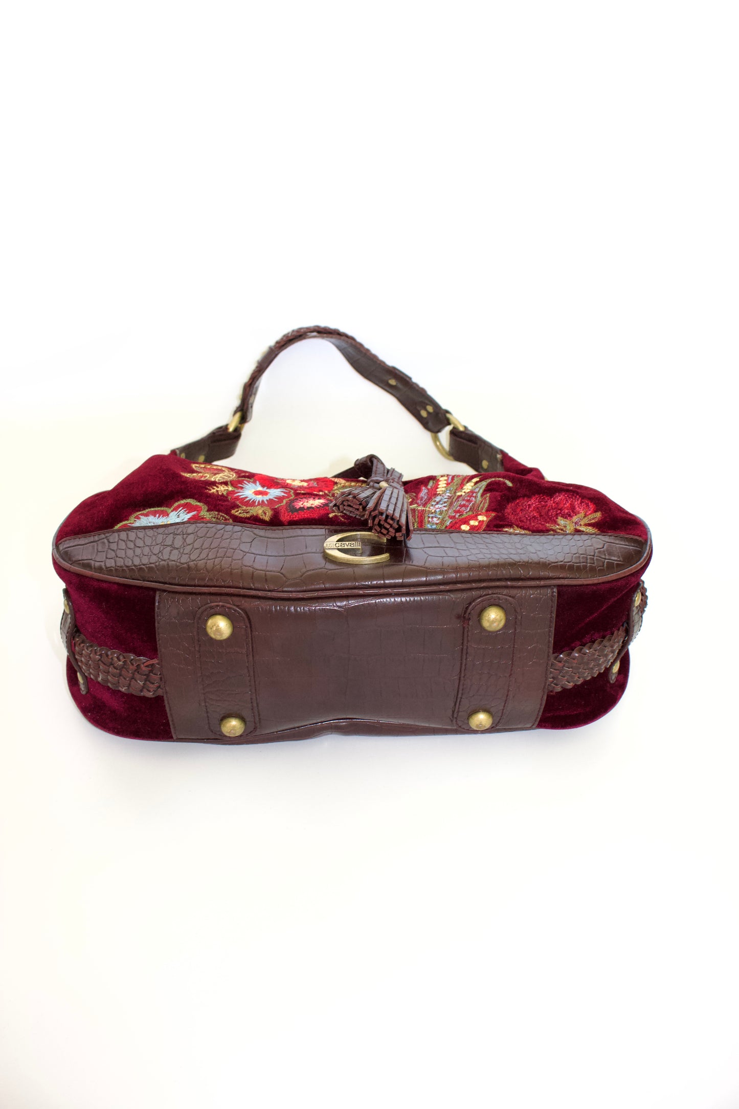 Roberto Cavalli 2000s red velvet shoulder bag with floral embroidery