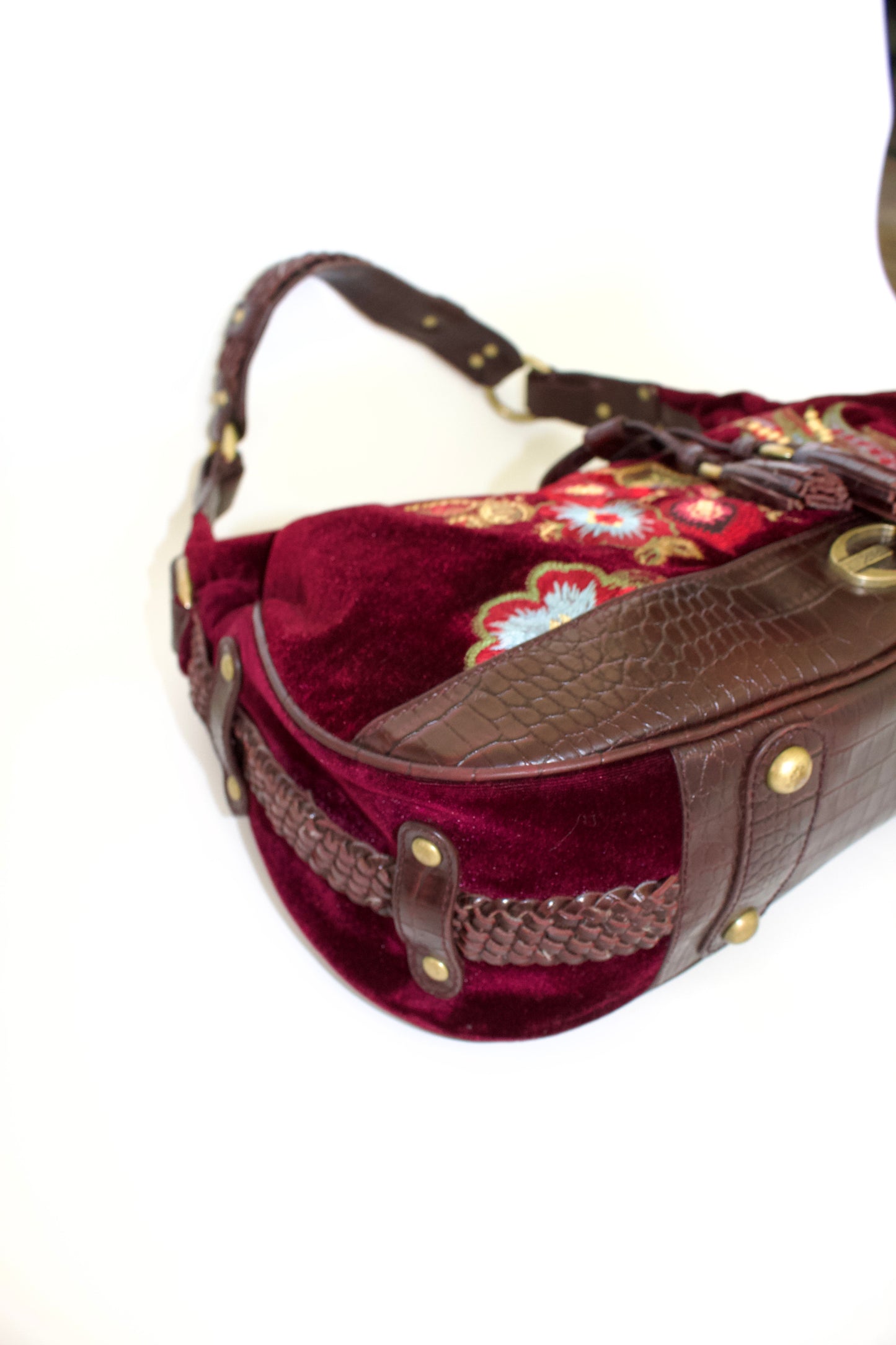 Roberto Cavalli 2000s red velvet shoulder bag with floral embroidery