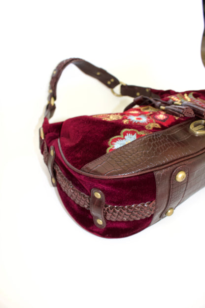 Roberto Cavalli 2000s red velvet shoulder bag with floral embroidery