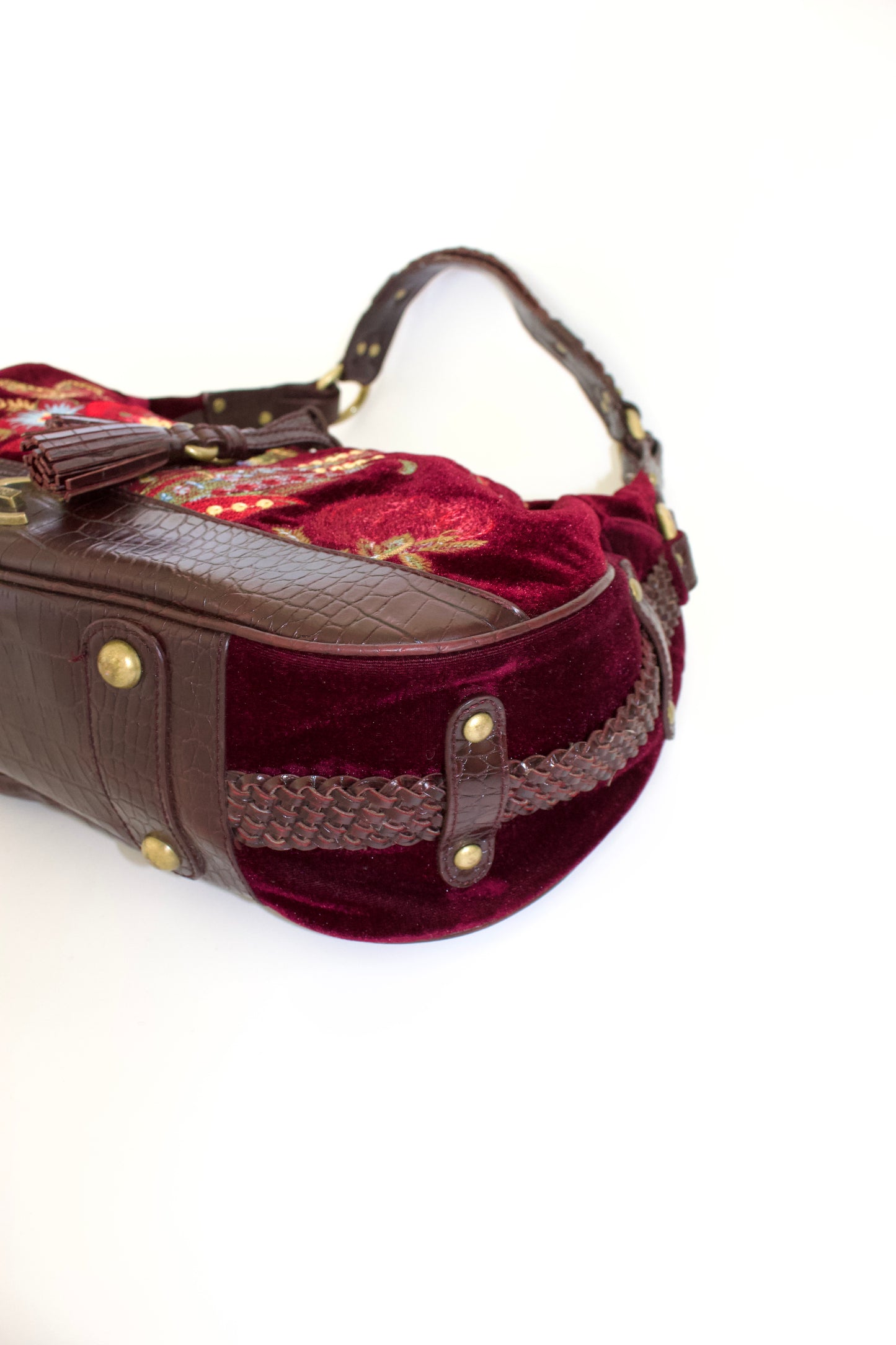 Roberto Cavalli 2000s red velvet shoulder bag with floral embroidery