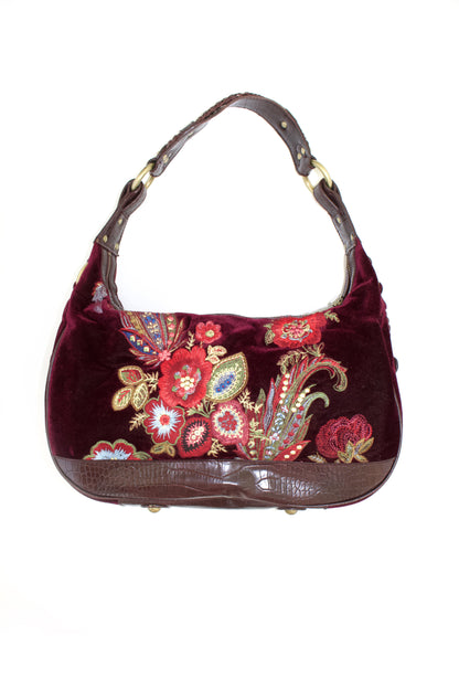 Roberto Cavalli 2000s red velvet shoulder bag with floral embroidery