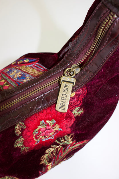 Roberto Cavalli 2000s red velvet shoulder bag with floral embroidery
