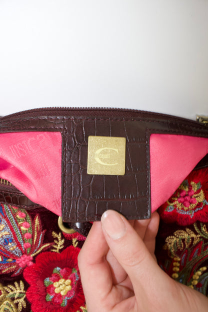 Roberto Cavalli 2000s red velvet shoulder bag with floral embroidery