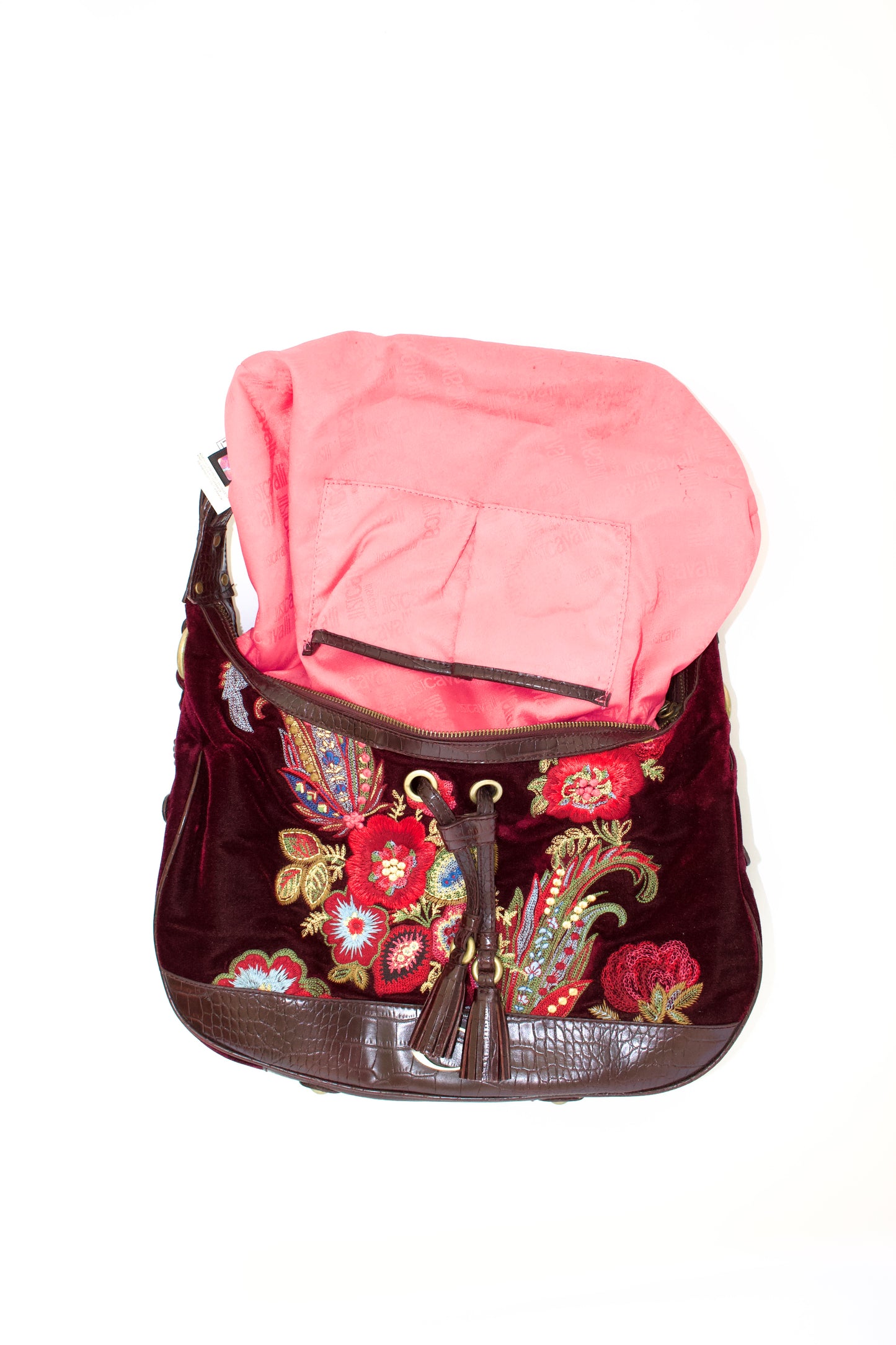 Roberto Cavalli 2000s red velvet shoulder bag with floral embroidery