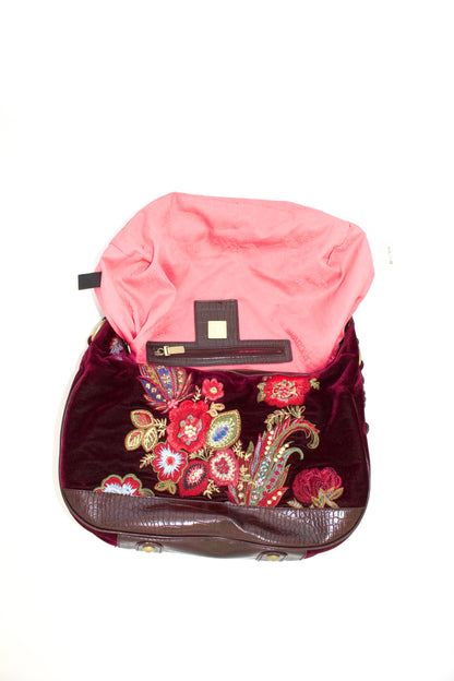 Roberto Cavalli 2000s red velvet shoulder bag with floral embroidery