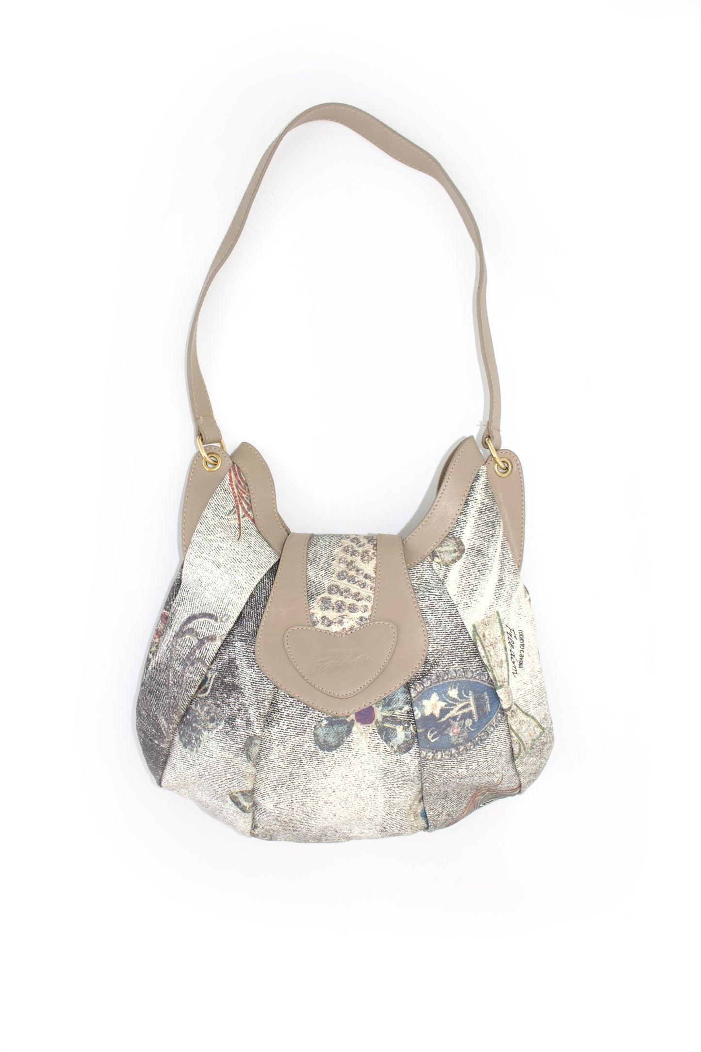 Roberto Cavalli beige printed canvas & leather shoulder bag
