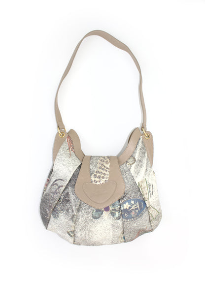 Roberto Cavalli beige printed canvas & leather shoulder bag