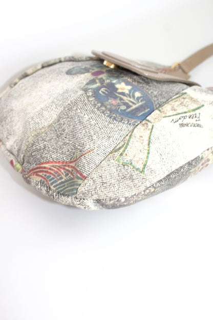 Roberto Cavalli beige printed canvas & leather shoulder bag