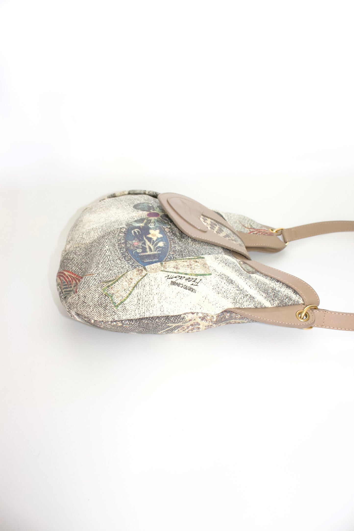Roberto Cavalli beige printed canvas & leather shoulder bag