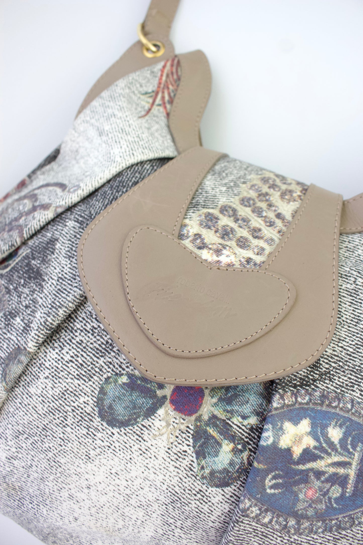 Roberto Cavalli beige printed canvas & leather shoulder bag