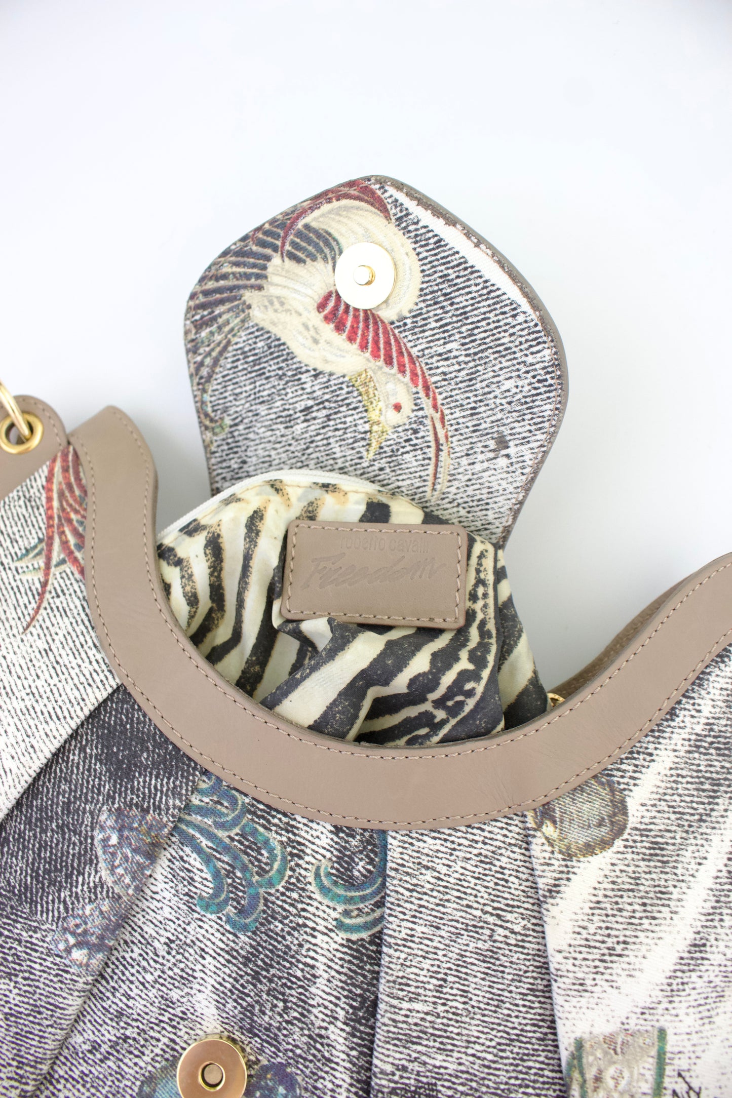 Roberto Cavalli beige printed canvas & leather shoulder bag