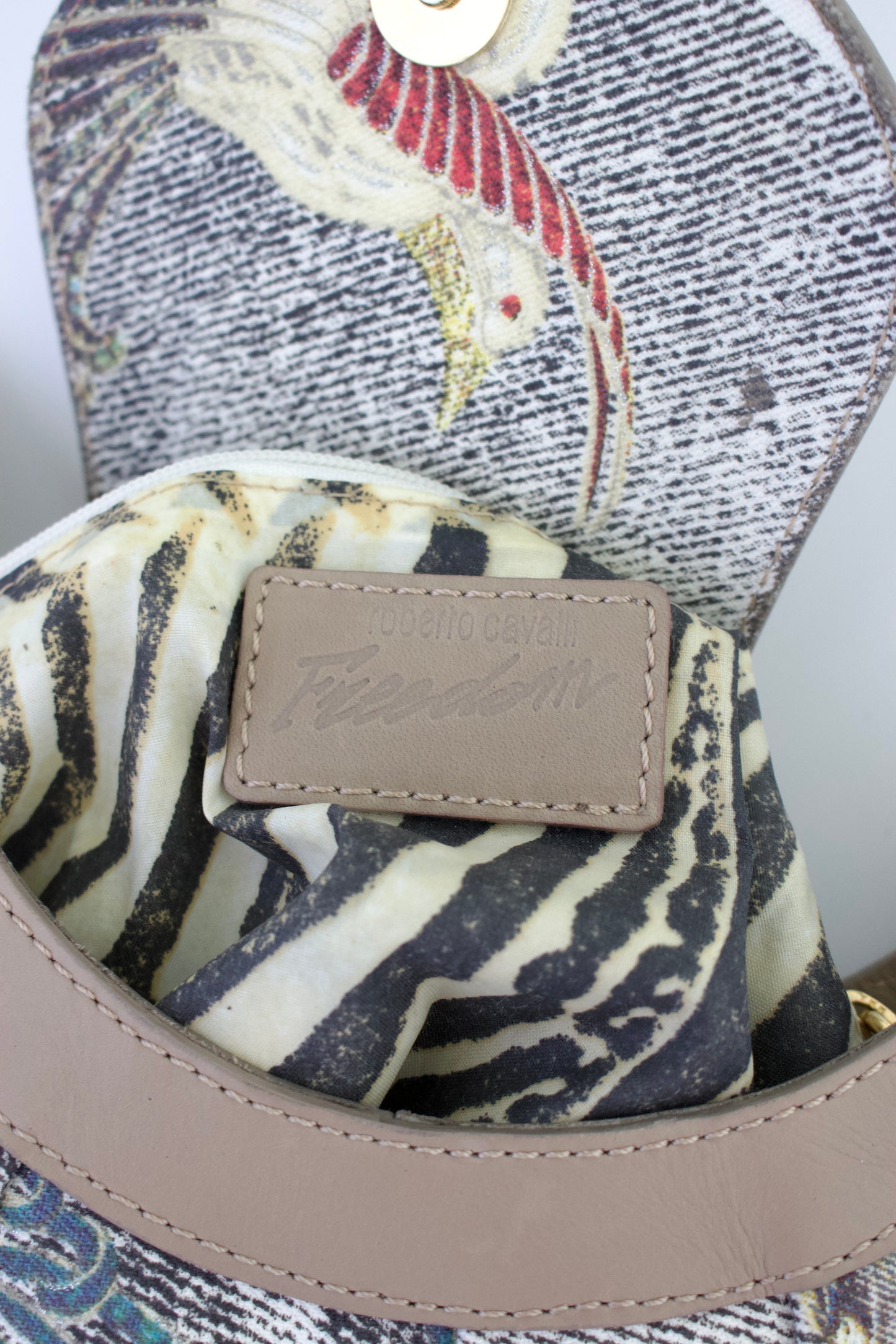 Roberto Cavalli beige printed canvas & leather shoulder bag