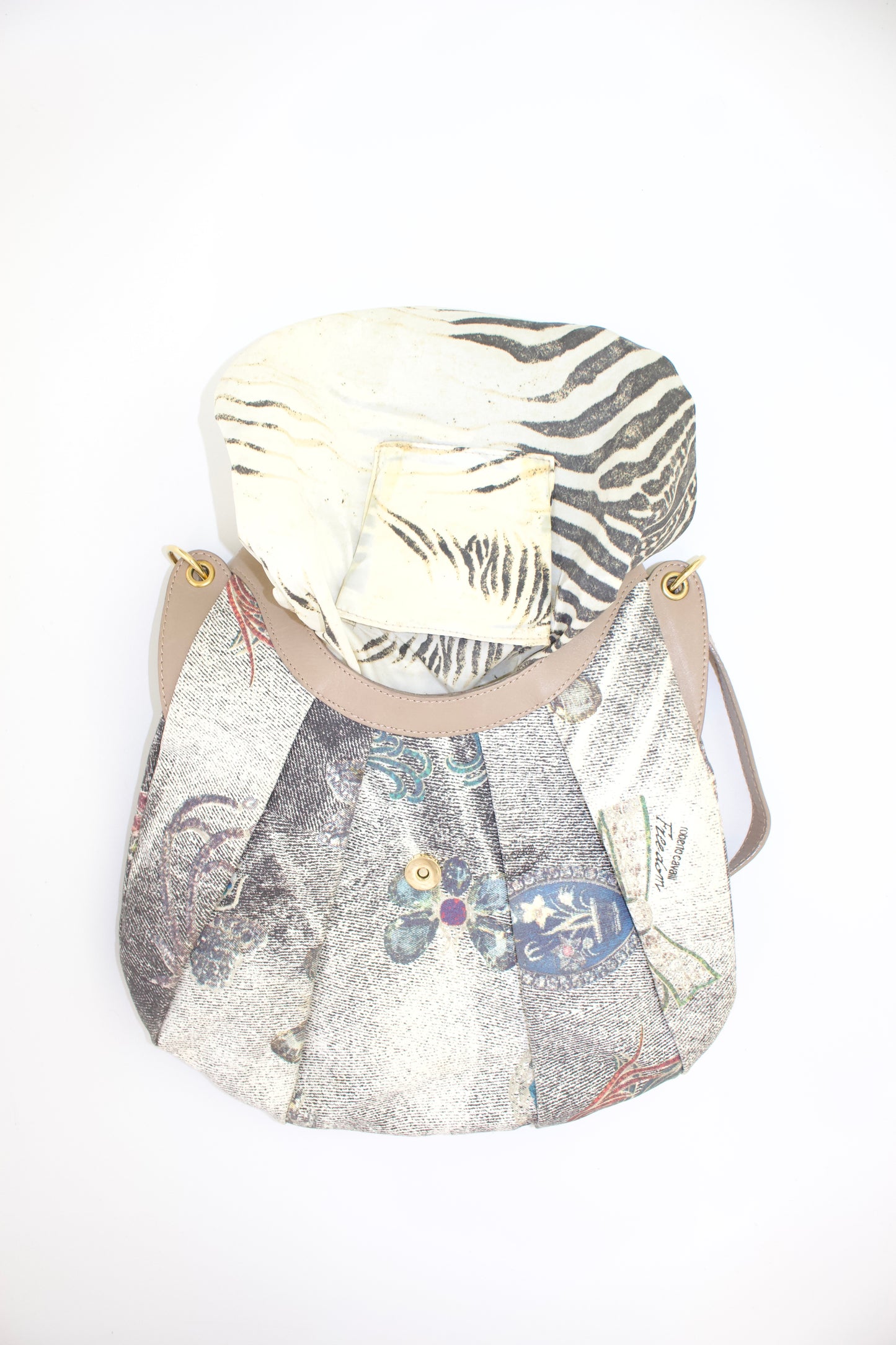 Roberto Cavalli beige printed canvas & leather shoulder bag