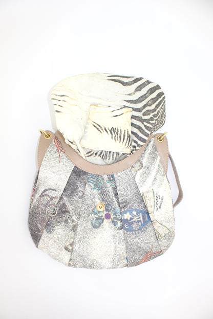 Roberto Cavalli beige printed canvas & leather shoulder bag