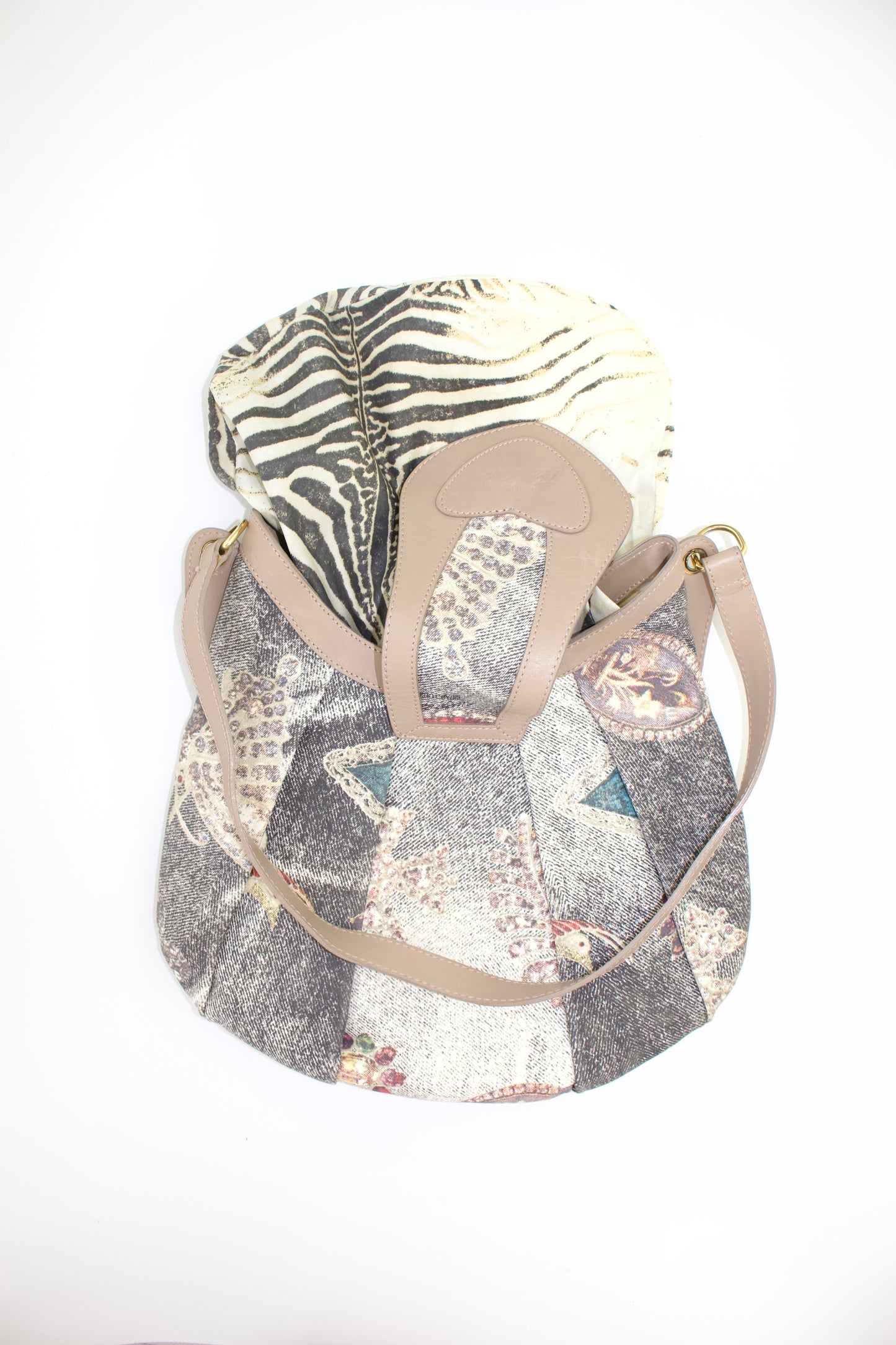 Roberto Cavalli beige printed canvas & leather shoulder bag