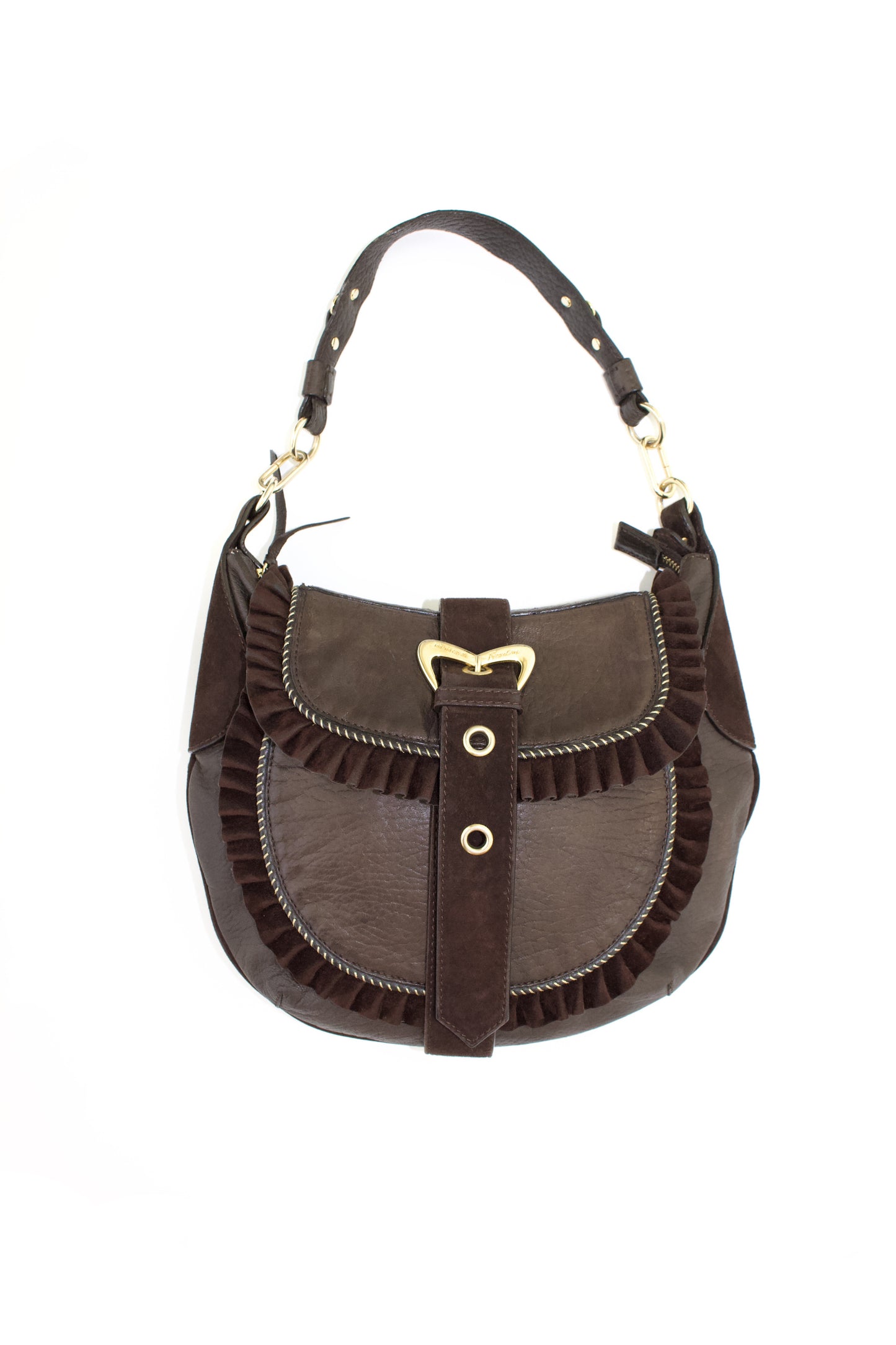Roberto Cavalli brown leather shoulder bag with ruffles