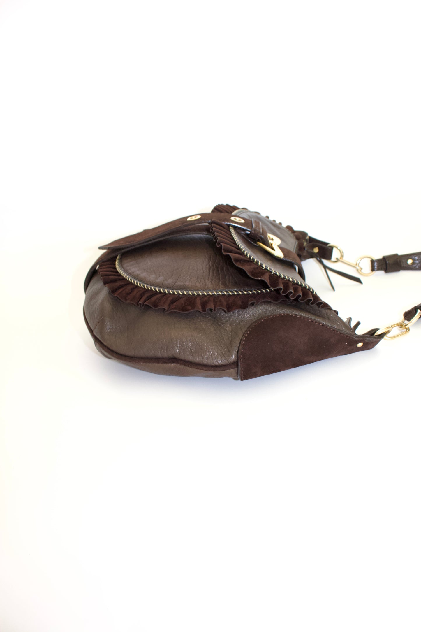 Roberto Cavalli brown leather shoulder bag with ruffles