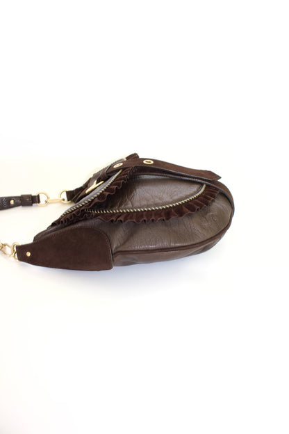 Roberto Cavalli brown leather shoulder bag with ruffles