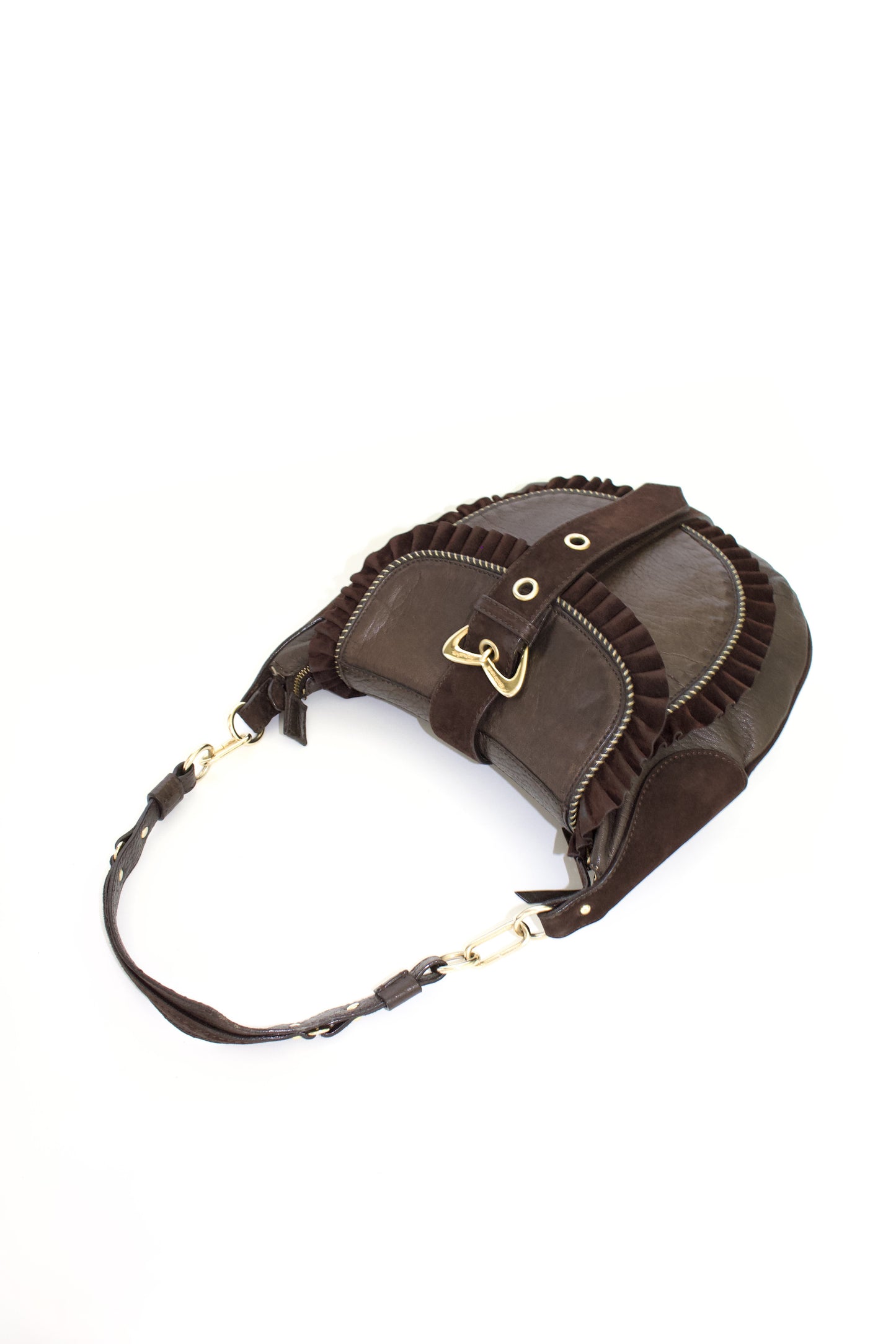 Roberto Cavalli brown leather shoulder bag with ruffles