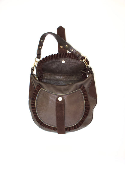 Roberto Cavalli brown leather shoulder bag with ruffles