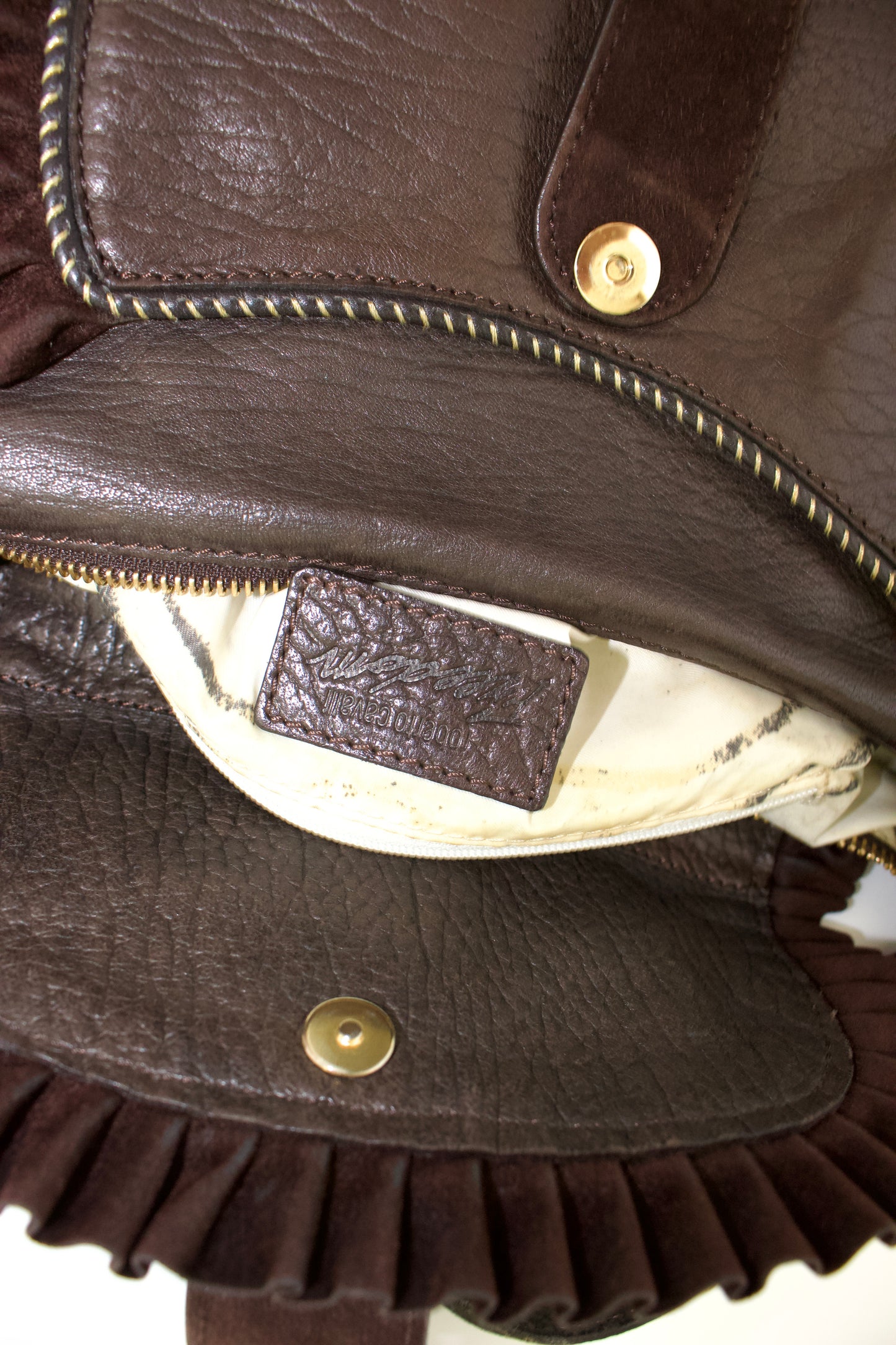 Roberto Cavalli brown leather shoulder bag with ruffles