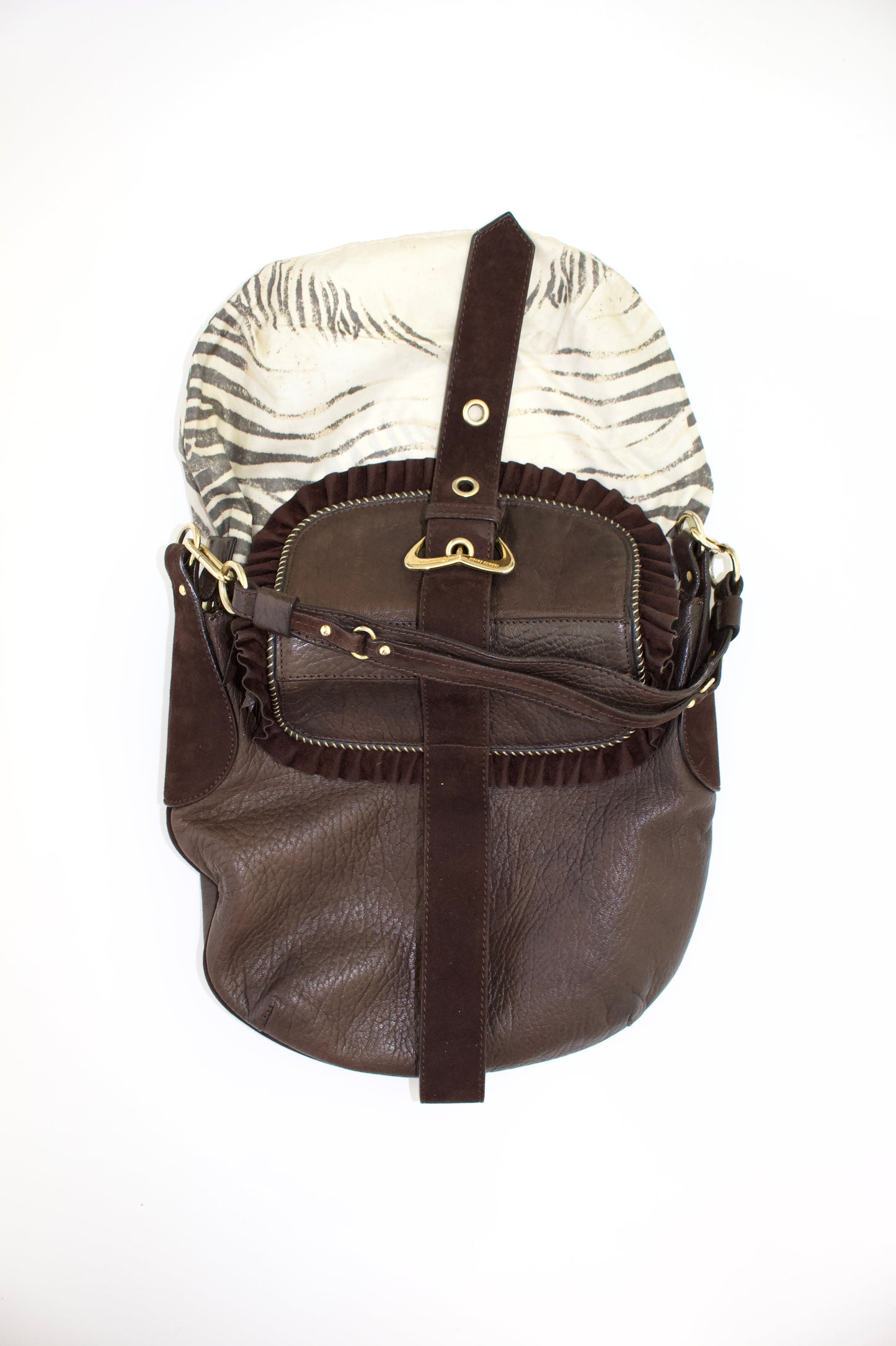 Roberto Cavalli brown leather shoulder bag with ruffles