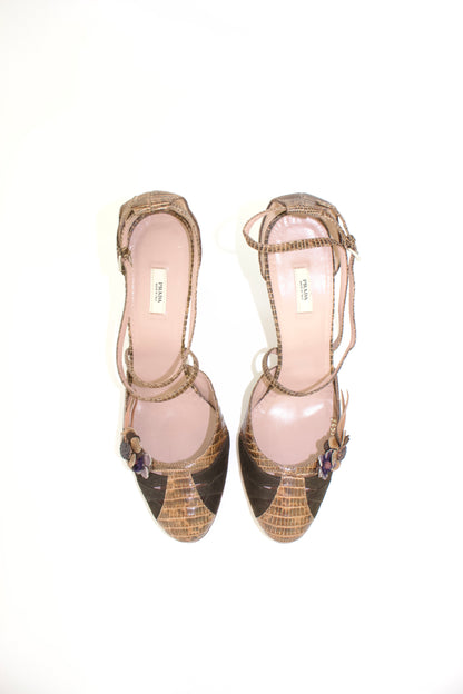 Prada 2000s snakeskin heels with flower details